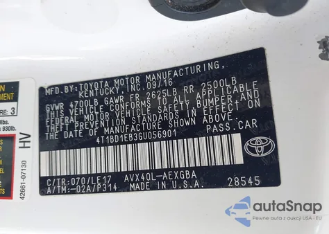 2016 Toyota Avalon Hybrid Xle Premium из США, поврежденный, VIN 4T1BD1EB3GU056901